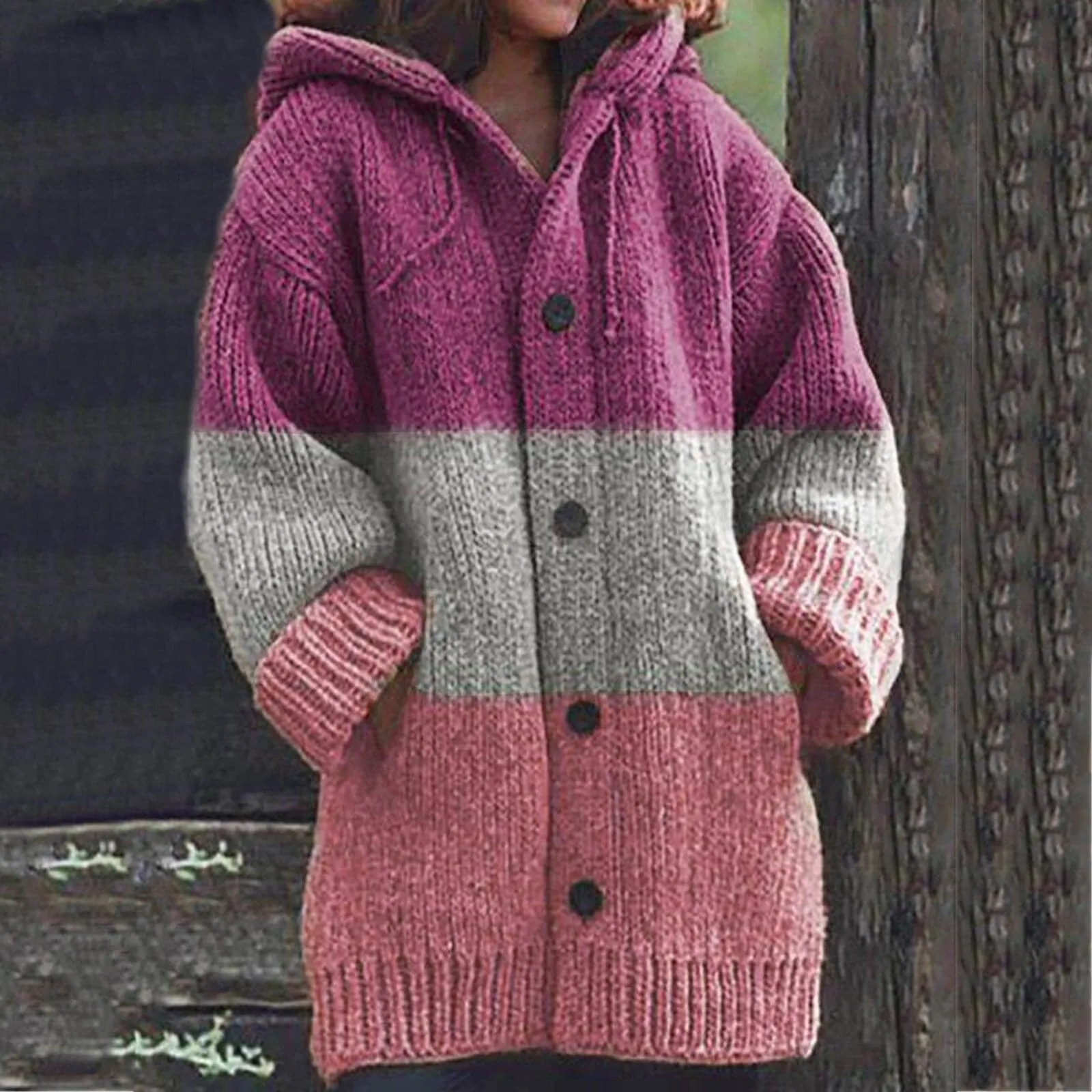 DressBetty - Winter Striped Stitching Cardigan Women Korean Version Loose Hooded Cardigan Sweet Long Sleeve Warm Coat Gilet Femme Clothes