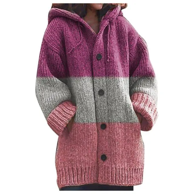 DressBetty - Winter Striped Stitching Cardigan Women Korean Version Loose Hooded Cardigan Sweet Long Sleeve Warm Coat Gilet Femme Clothes