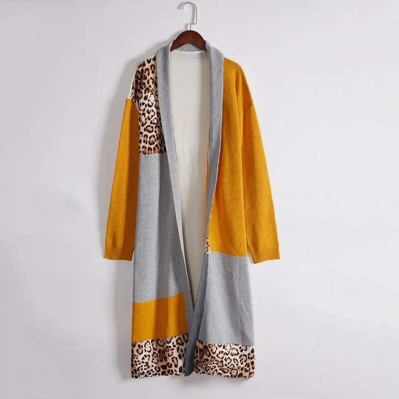 Fashion casual colorblock cardigan loose long-sleeved leopard print cardigan jacket