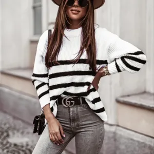 Fashion casual fall/winter women's horizontal striped pullover sweater top women's sweater