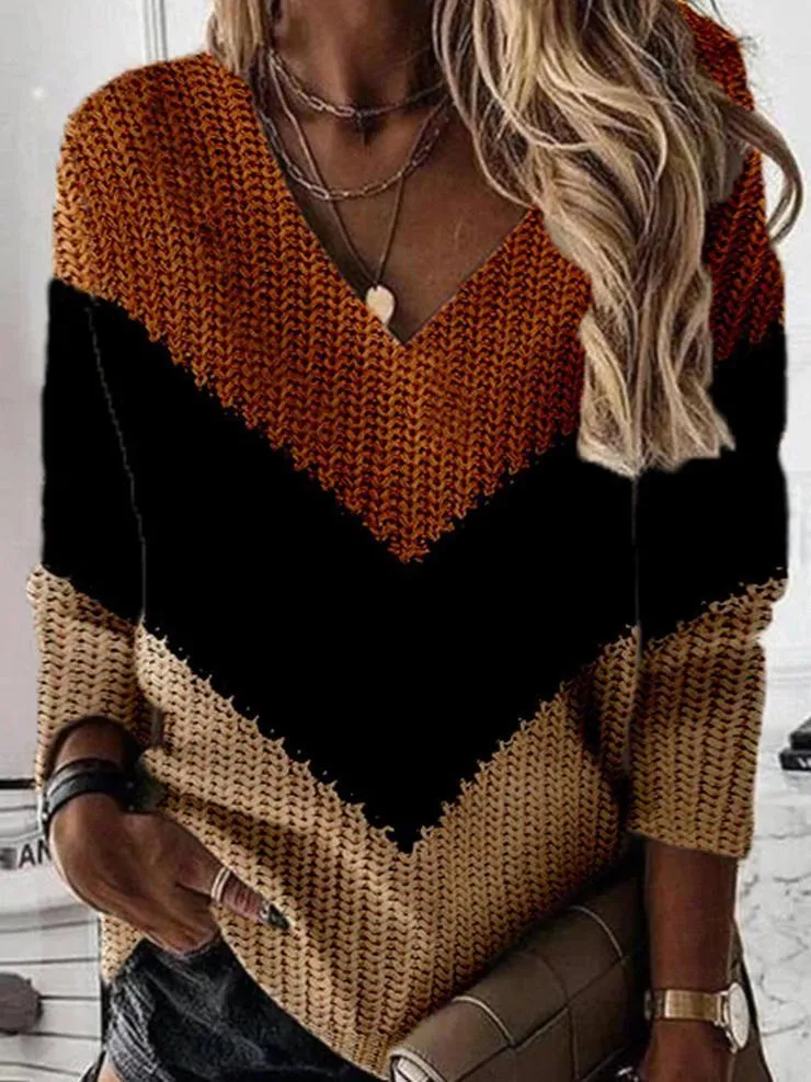 Fashion color matching V-shaped knitted sweater