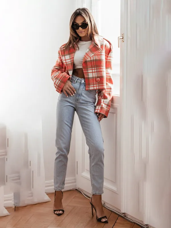 Fashionable British Style Suit Collar Plaid Woolen Coat