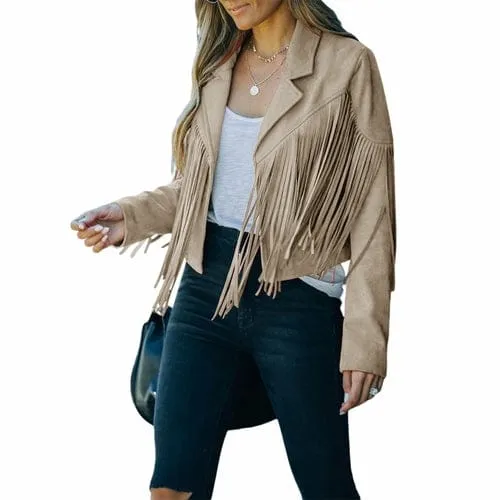 Fringed Hem Tassel Cardigan Crop Tops Motor Biker Jacket Suede Leather