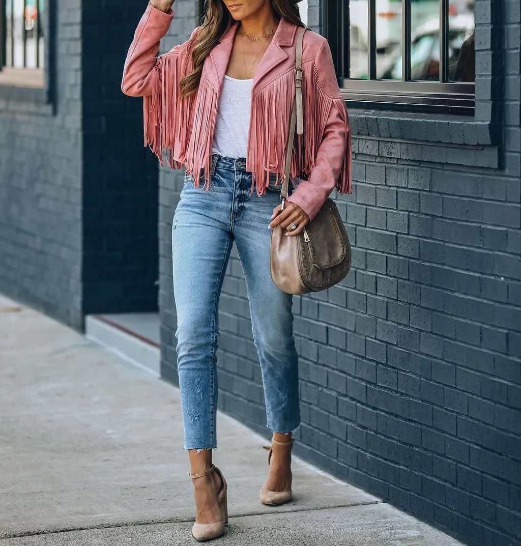 Fringed Hem Tassel Cardigan Crop Tops Motor Biker Jacket Suede Leather