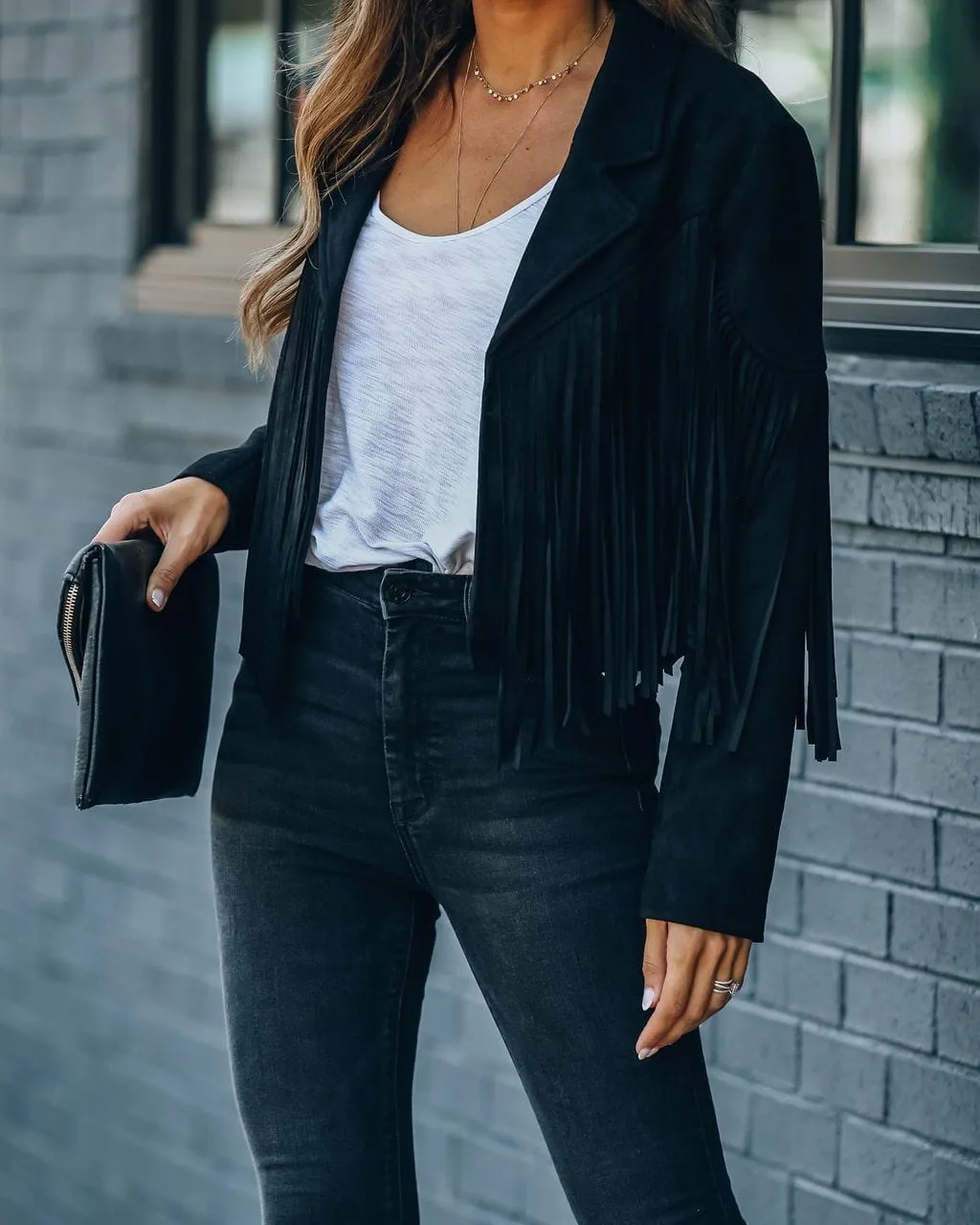 Fringed Hem Tassel Cardigan Crop Tops Motor Biker Jacket Suede Leather