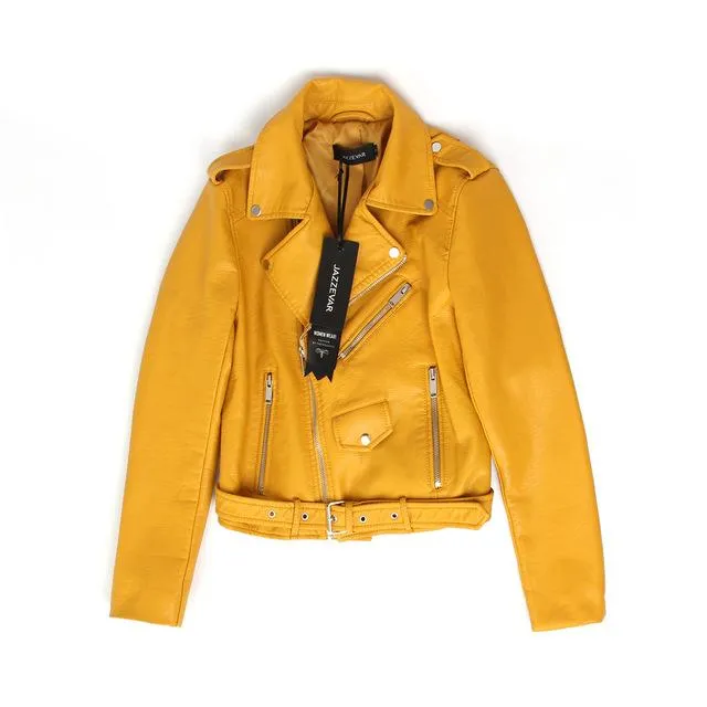 JAZZEVAR New Autumn Fashion Street Women's Short Washed PU Leather Jacket Zipper Bright Colors Ladies Basic Jackets Good Quality