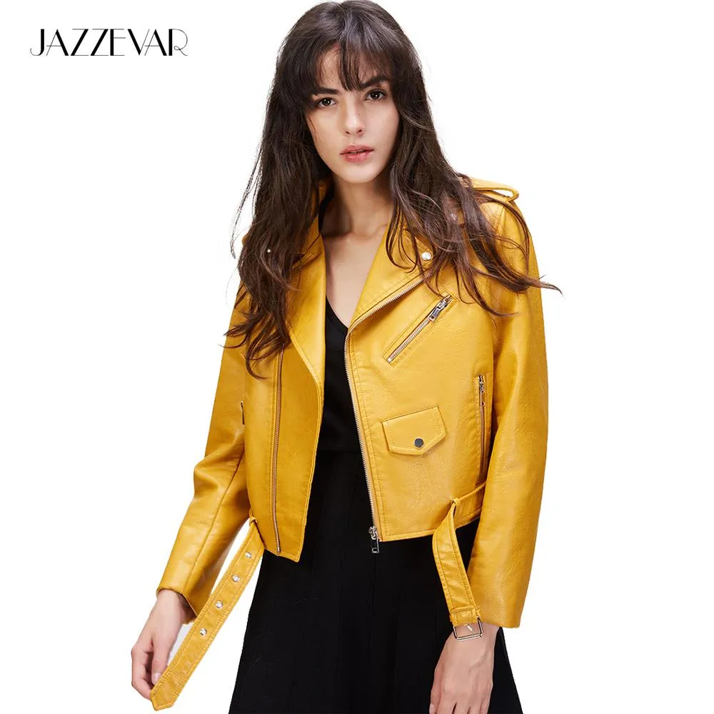 JAZZEVAR New Autumn Fashion Street Women's Short Washed PU Leather Jacket Zipper Bright Colors Ladies Basic Jackets Good Quality