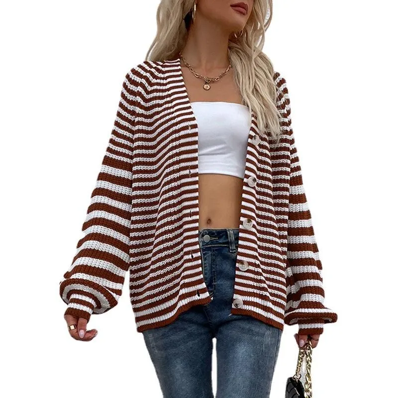 Knit cardigan striped V-neck lantern sleeve sweater women