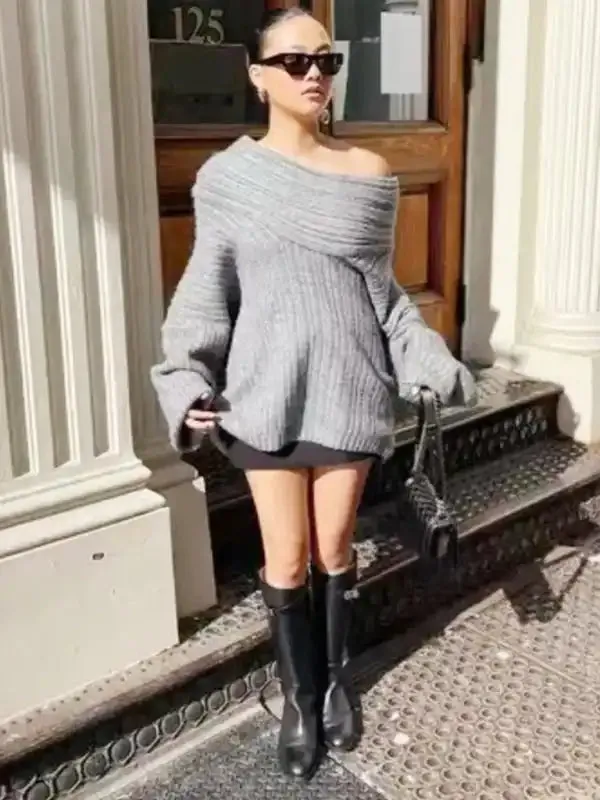 Knitted Sweater with Collar - Long Sleeve Sexy Casual Sweater