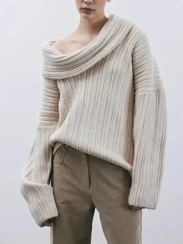 Knitted Sweater with Collar - Long Sleeve Sexy Casual Sweater