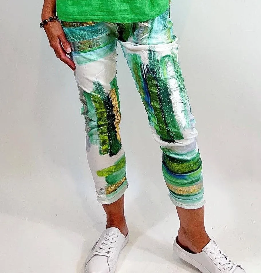 La Strada  Crinkle Painted Look Wearable Art Roll Up Pants - LSP21-70-202