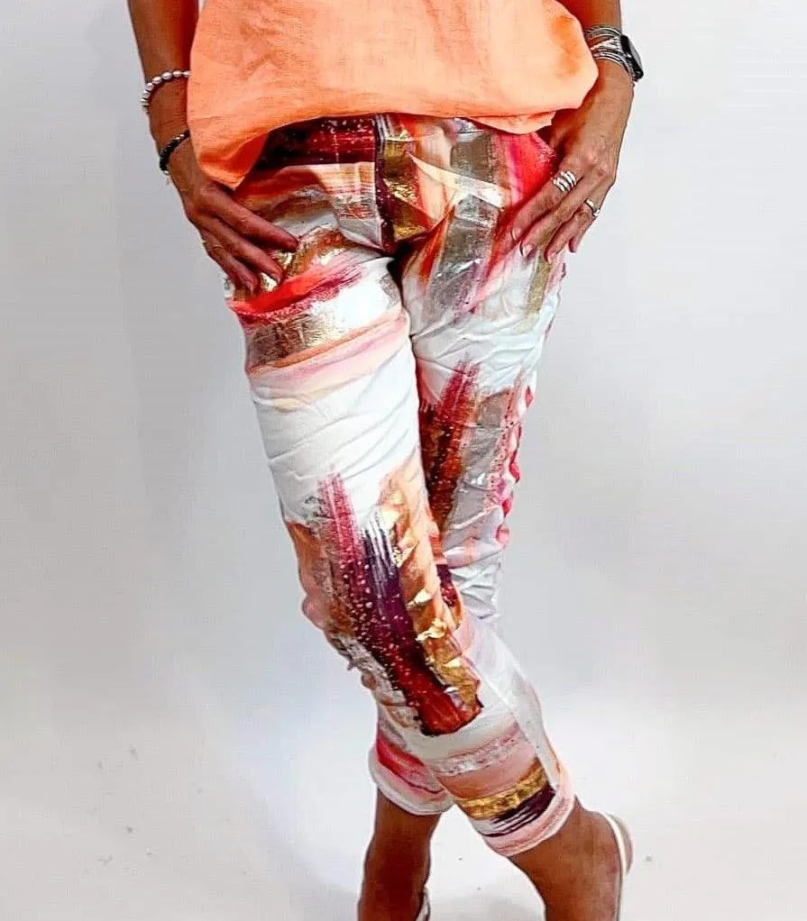 La Strada  Crinkle Painted Look Wearable Art Roll Up Pants - LSP21-70-202