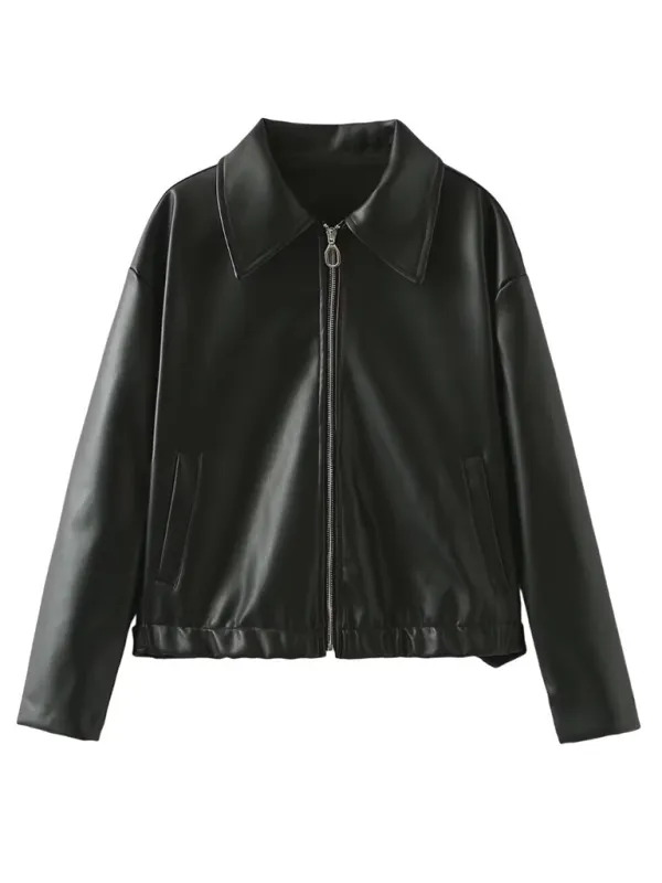 Ladies  Casual Solid Color Square Collar Leather Jacket