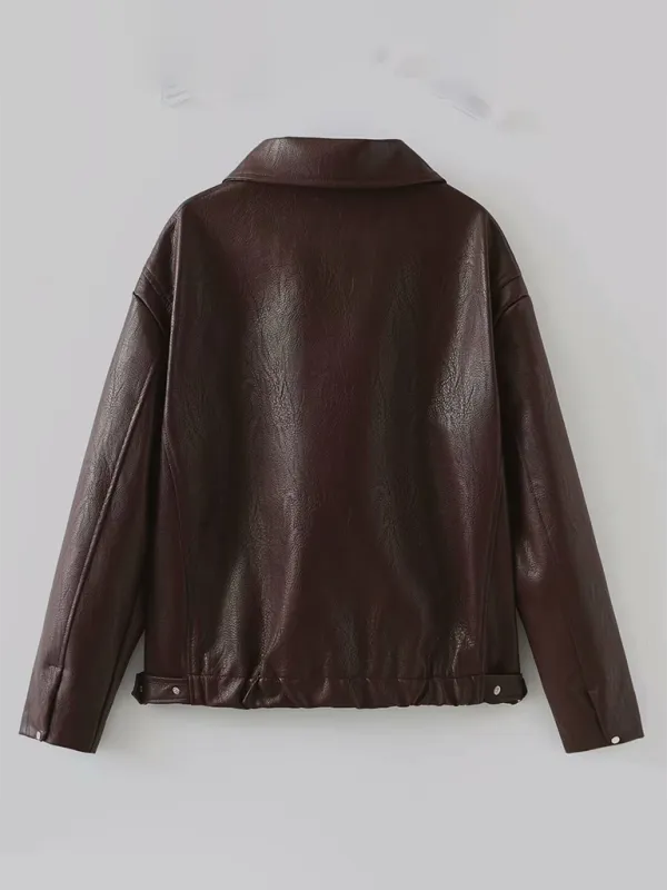 Ladies  Casual Solid Color Square Collar Leather Jacket