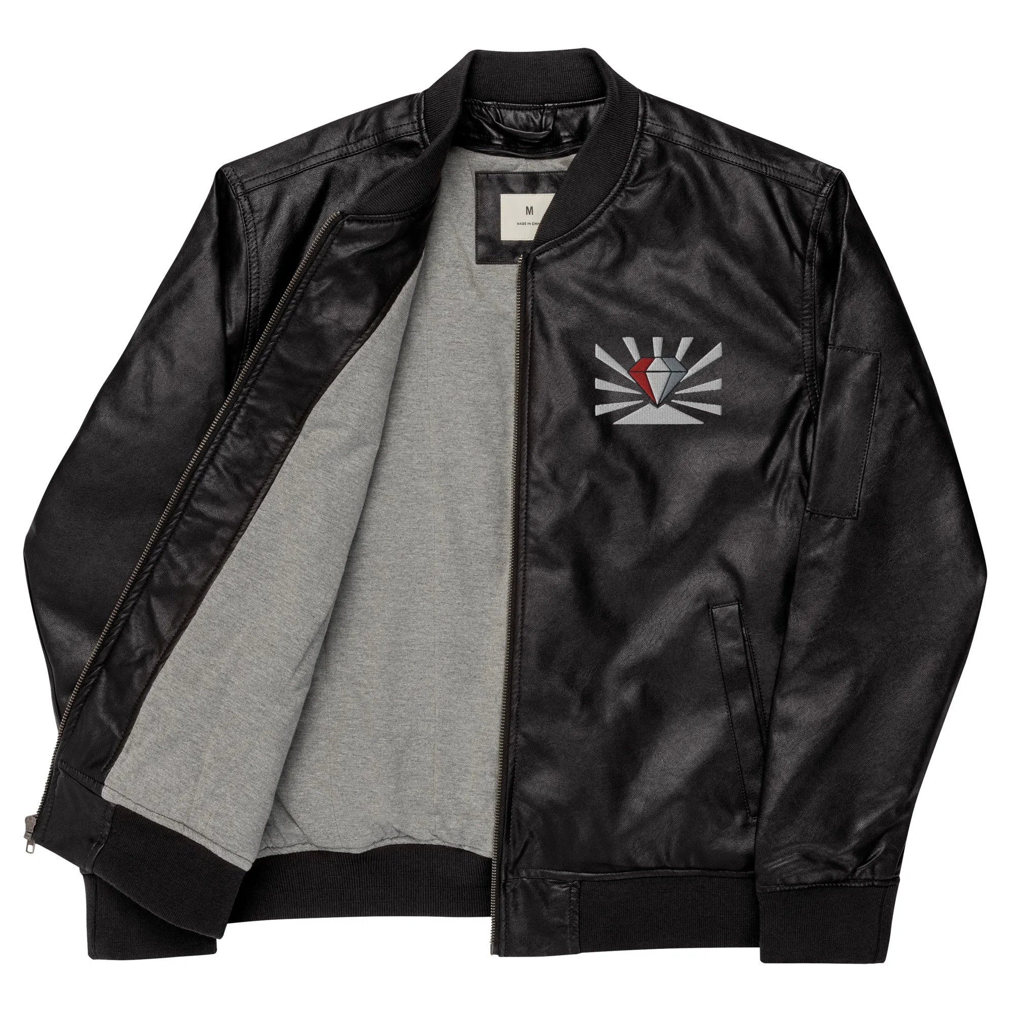 Leather Bomber Jacket With Embroidered Diamond