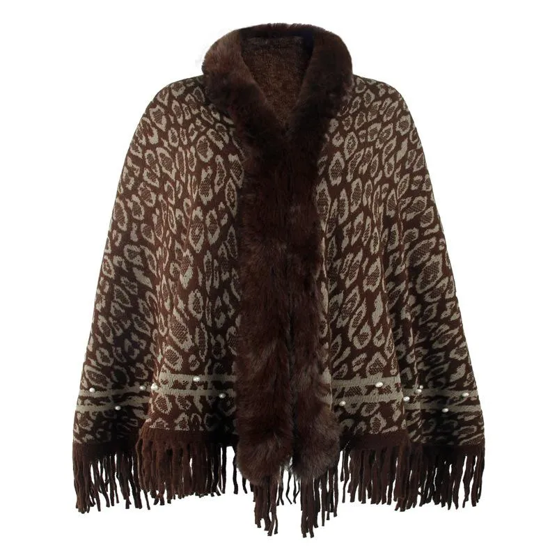 Leopard print fur collar coat with fringed hem keep warm knitted bib shawl women