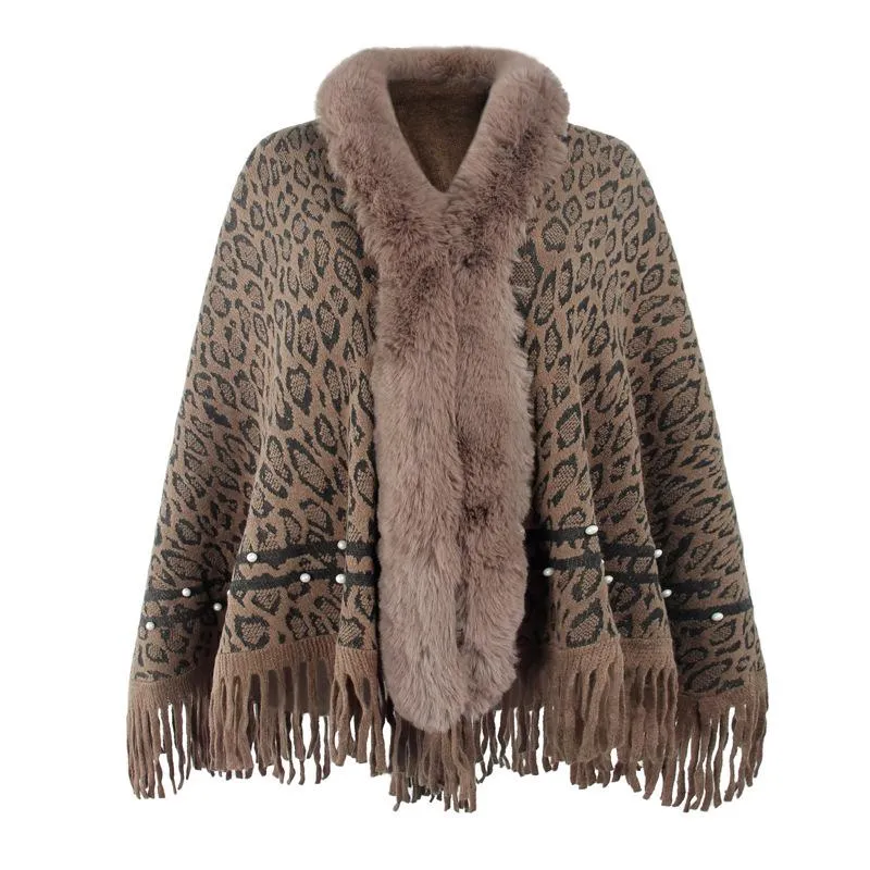 Leopard print fur collar coat with fringed hem keep warm knitted bib shawl women