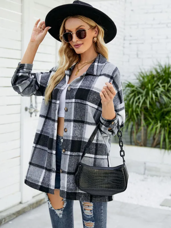 Long-sleeve lapel plaid shirt jacket