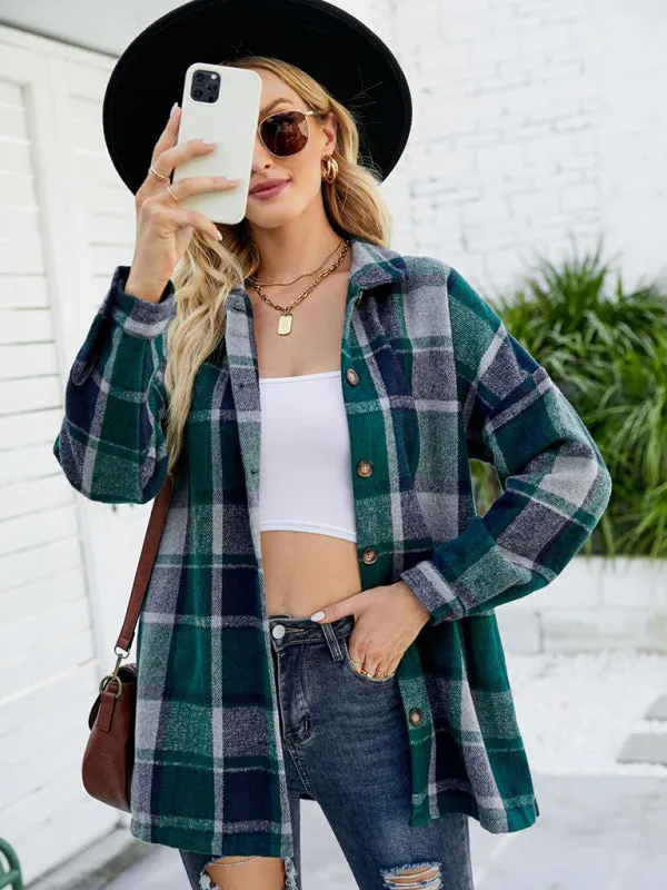 Long-sleeve lapel plaid shirt jacket