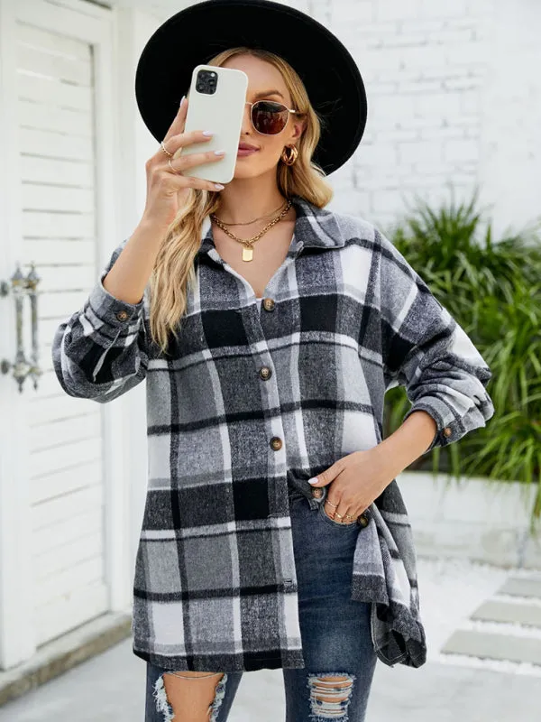 Long-sleeve lapel plaid shirt jacket