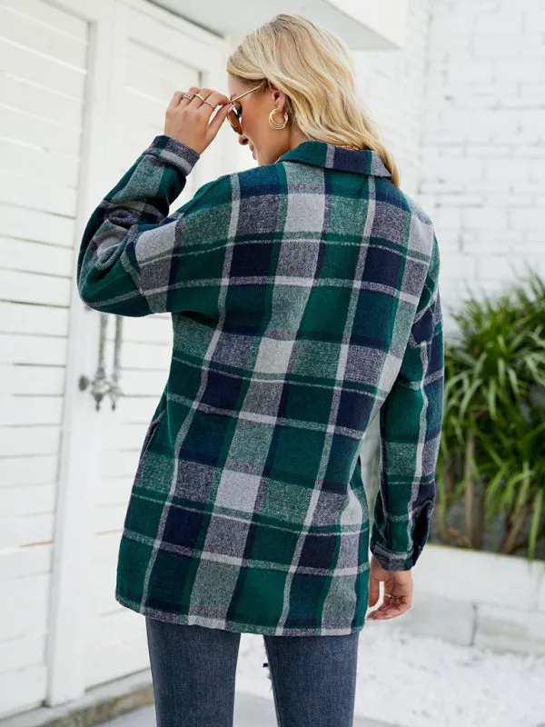 Long-sleeve lapel plaid shirt jacket