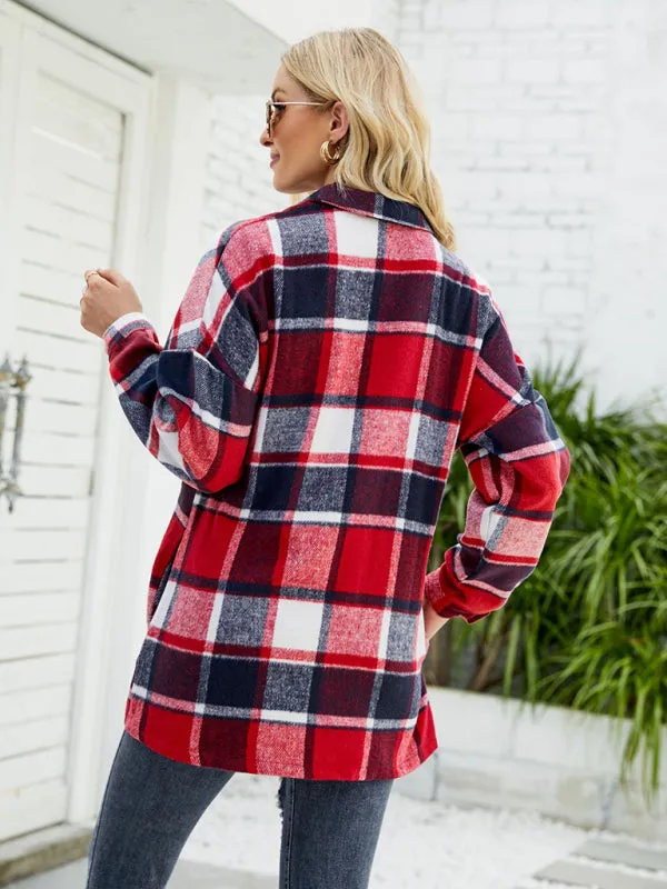 Long-sleeve lapel plaid shirt jacket