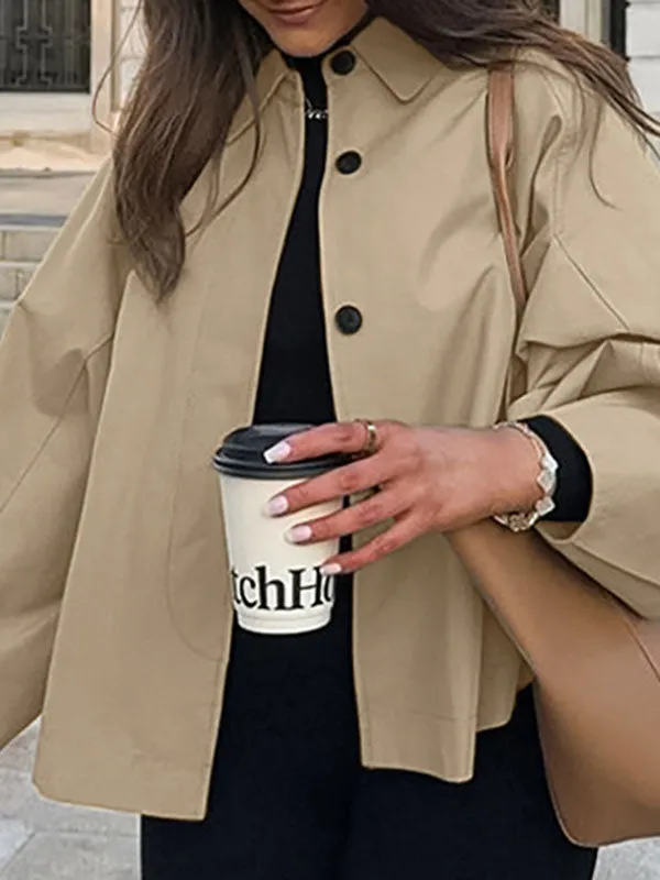 Long Sleeves Loose Buttoned Pockets Lapel Outerwear Trench Coats