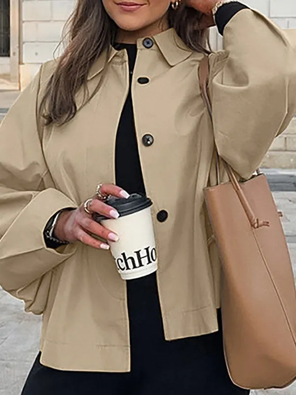 Long Sleeves Loose Buttoned Pockets Lapel Outerwear Trench Coats