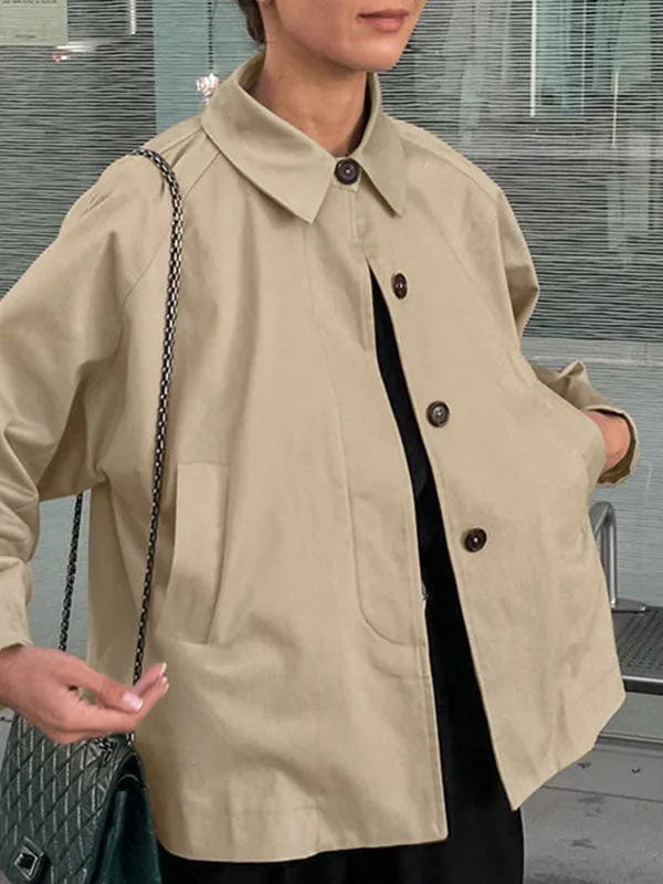 Long Sleeves Loose Buttoned Pockets Lapel Outerwear Trench Coats