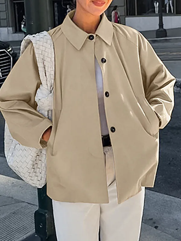 Long Sleeves Loose Buttoned Pockets Lapel Outerwear Trench Coats