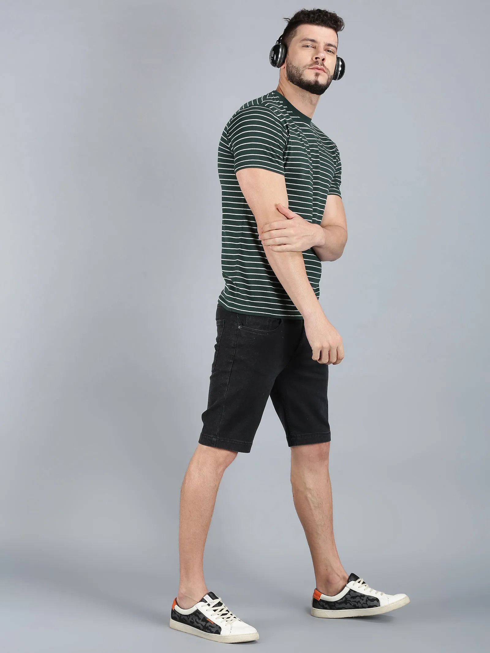 Men Dark Green Yarn Dyed Stripes Round Neck Recycled Cotton Half Sleeve Regular Fit Casual T-Shirt