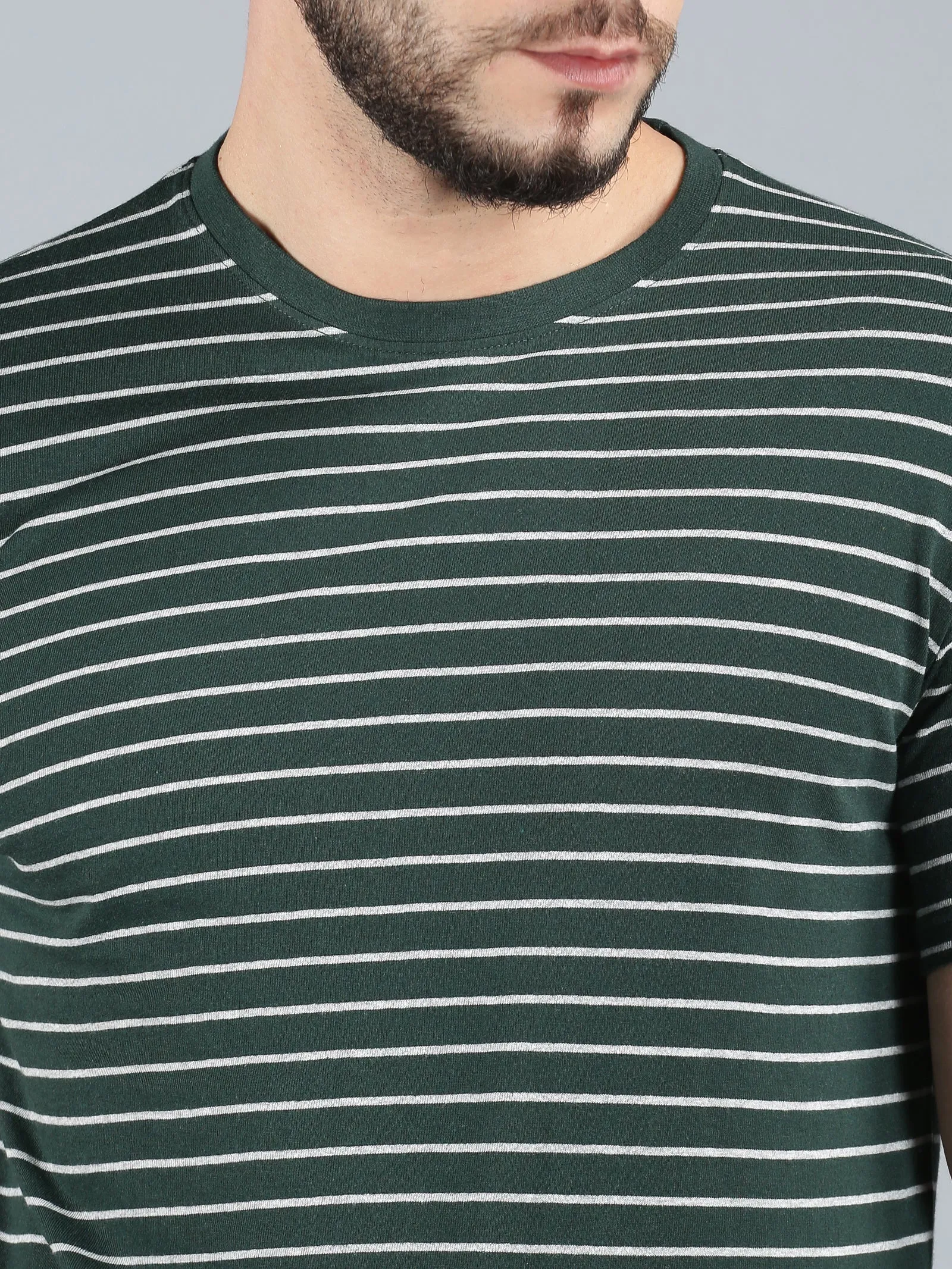 Men Dark Green Yarn Dyed Stripes Round Neck Recycled Cotton Half Sleeve Regular Fit Casual T-Shirt