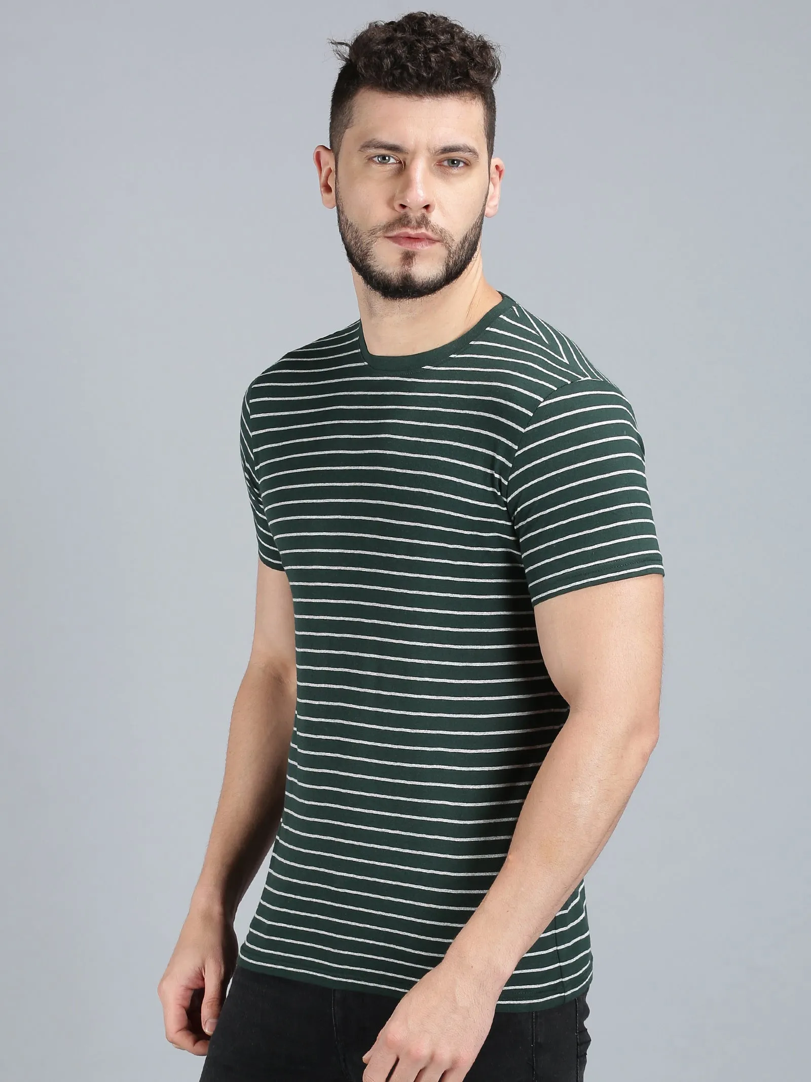 Men Dark Green Yarn Dyed Stripes Round Neck Recycled Cotton Half Sleeve Regular Fit Casual T-Shirt