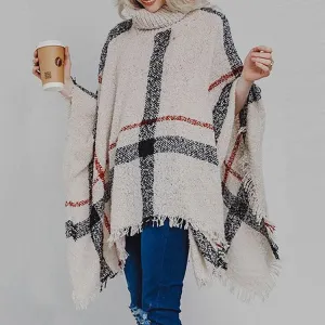 Mid-length high neck tassel cloak shawl loose large size sweater