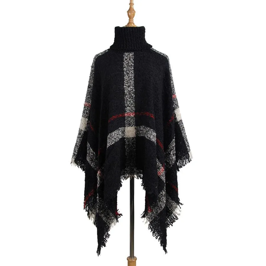 Mid-length high neck tassel cloak shawl loose large size sweater