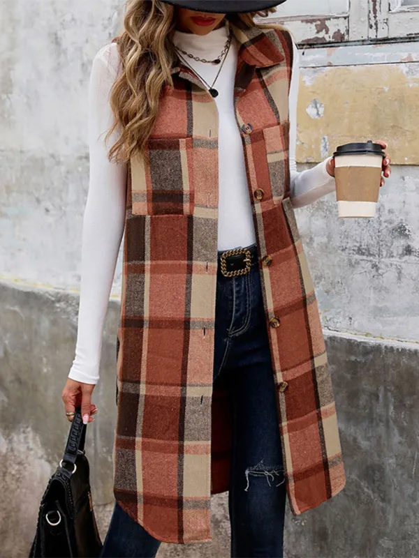 New Sleeveless Lapel Cardigan Jacket Retro Mid-Length Plaid Vest