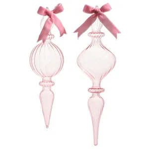 Raz 2023 Jingle & Cocoa 11" Clear Pink Blown Glass Finial Ornament, Asst of 2