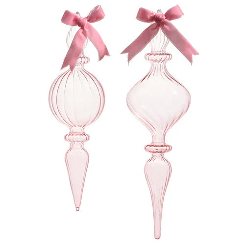 Raz 2023 Jingle & Cocoa 11" Clear Pink Blown Glass Finial Ornament, Asst of 2