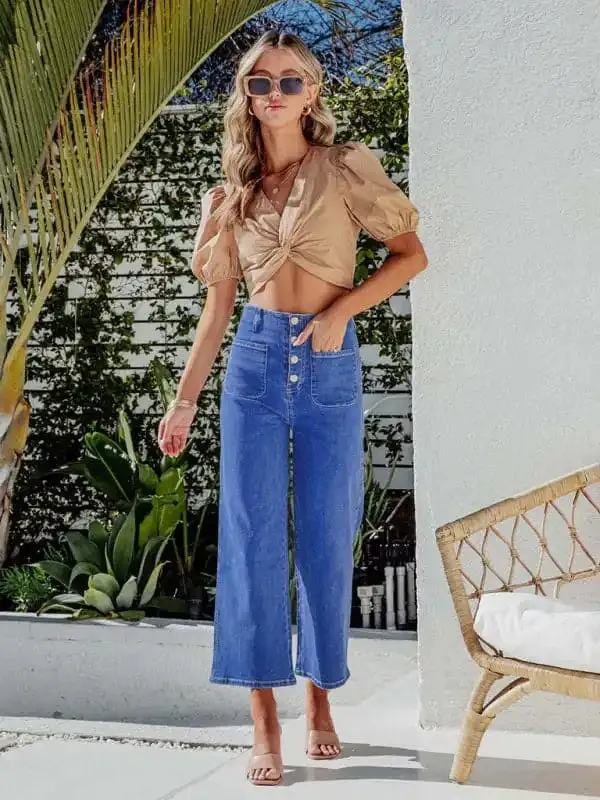 Retro Loose Straight Single-Breasted High-Waist Wide-Leg Jeans Crop Pants