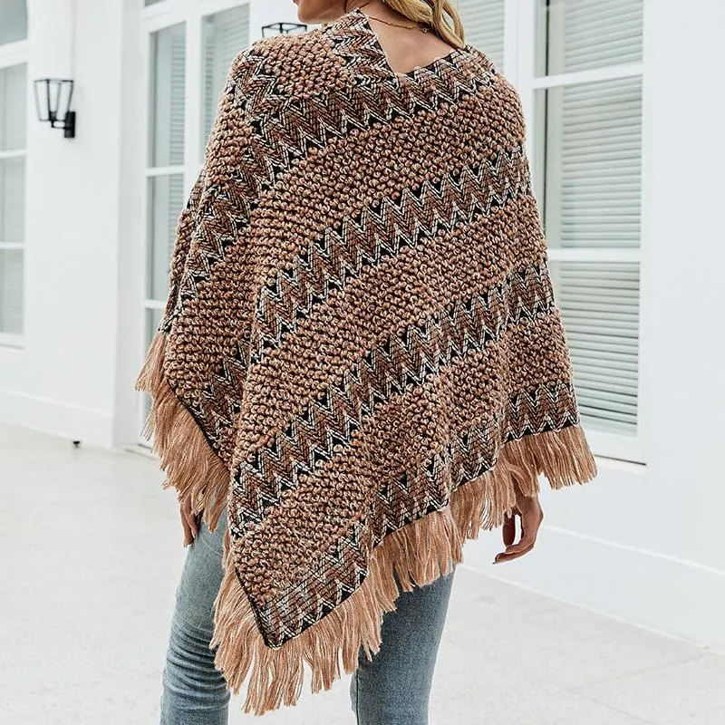 Shawl cloak sweater striped color tassel sweater coat women