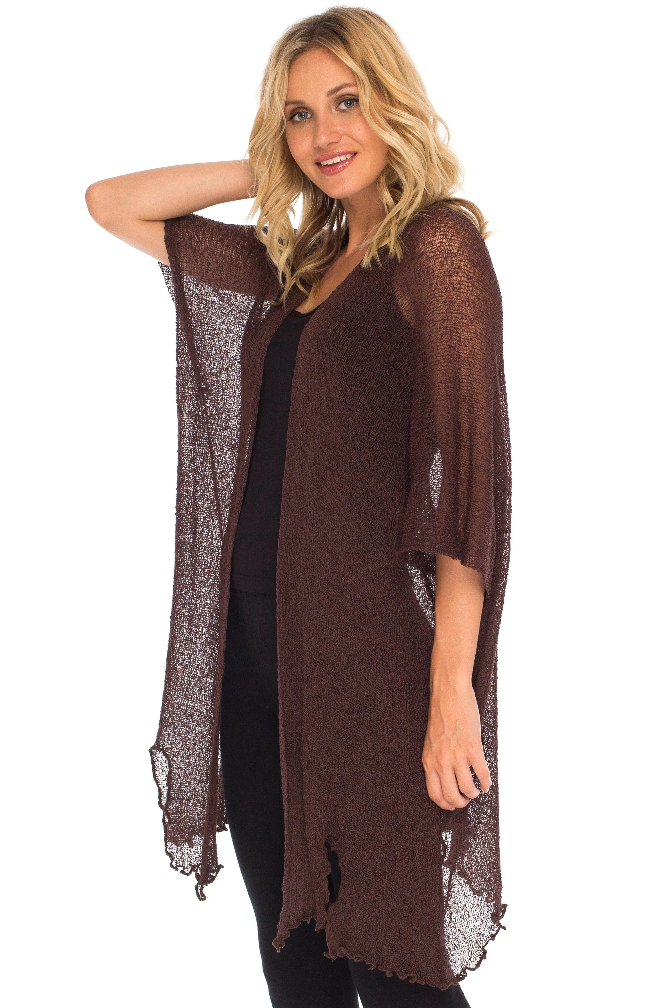 SHU-SHI Womens Long Sheer Kimono Cardigan Sweater Open Front Beach Top Cover Up