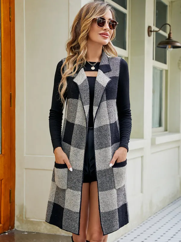 Sleeveless sweater jacket plaid jacquard vest cardigan