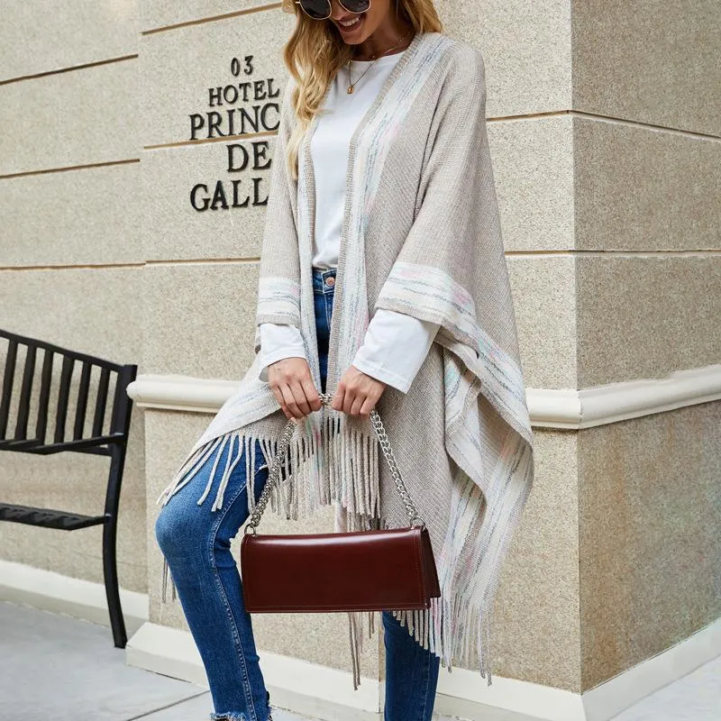 Striped cape fringed cardigan shawl sweater