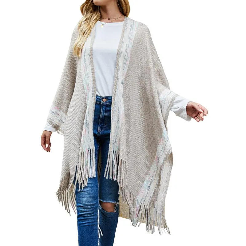 Striped cape fringed cardigan shawl sweater