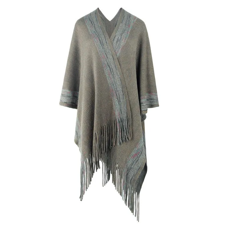 Striped cape fringed cardigan shawl sweater