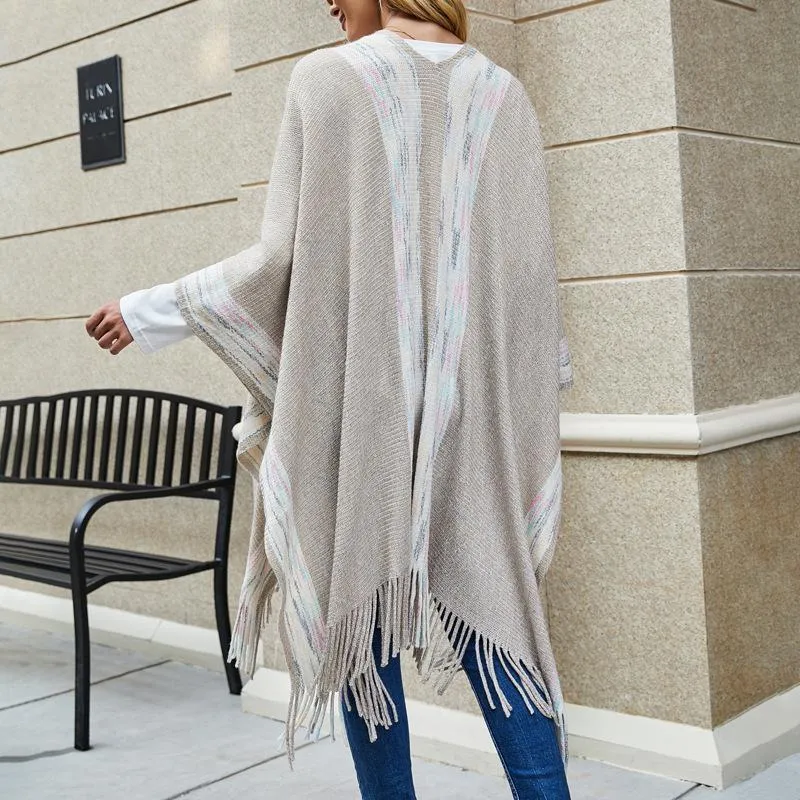 Striped cape fringed cardigan shawl sweater