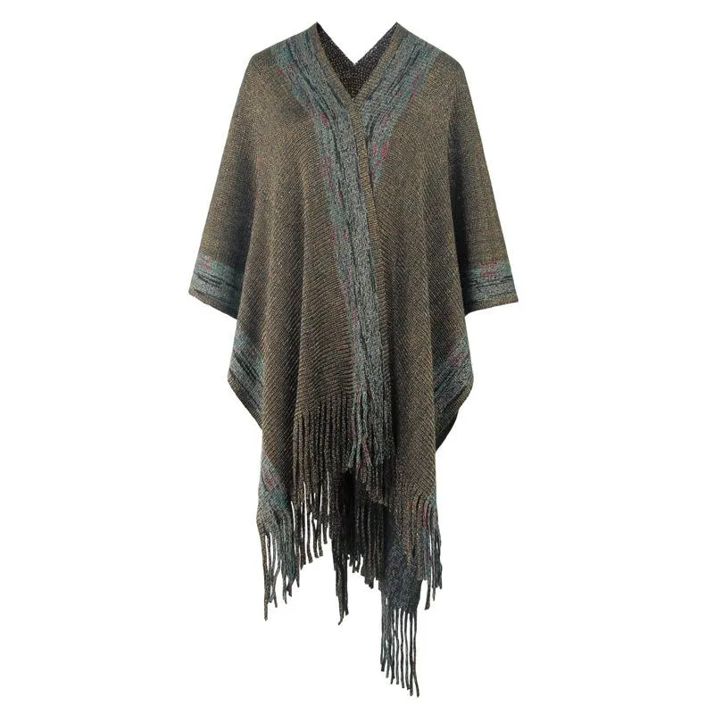 Striped cape fringed cardigan shawl sweater