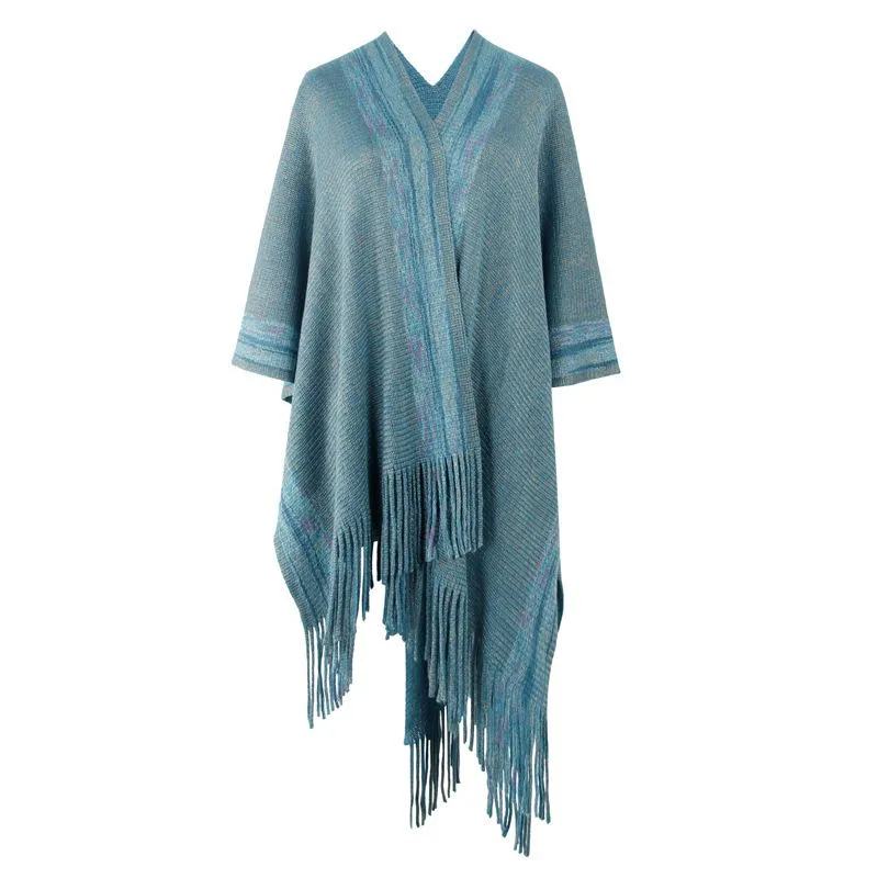 Striped cape fringed cardigan shawl sweater