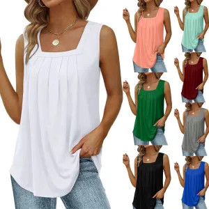 Summer Tank Tops For Women Loose Fit Pleated Square Neck Sleeveless Tops Vest T-shirt