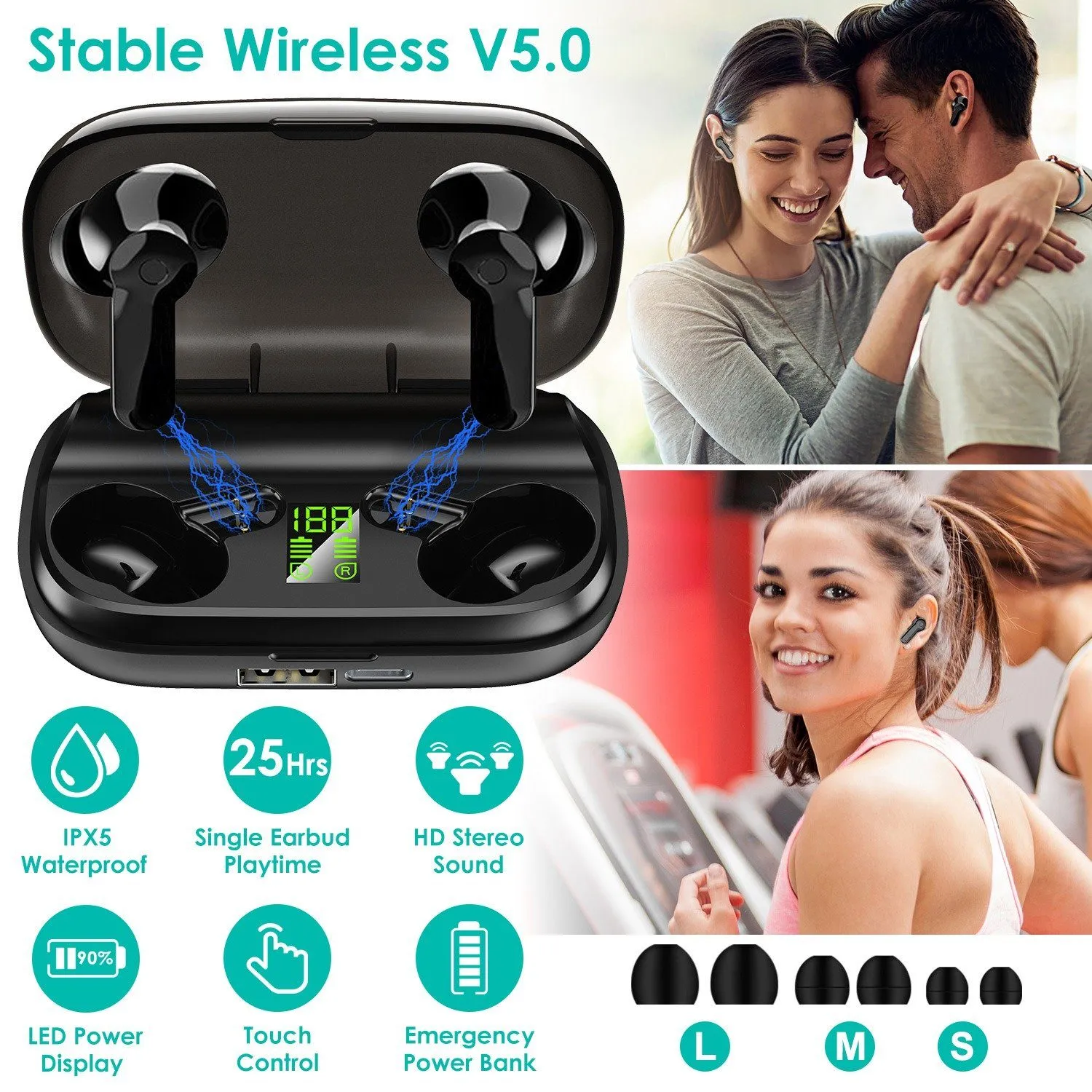 True Wireless V5.0 Earbuds IPX 5 Water Resistant